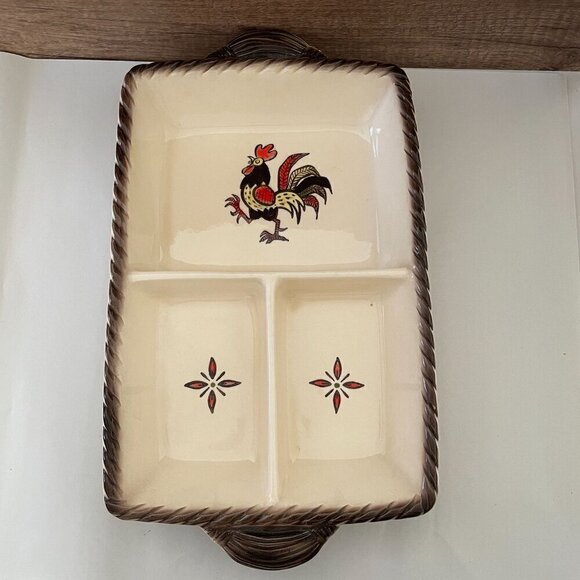 Metlox Vintage Poppytrail Red Rooster 3-Section Divided Ceramic Serving Dish USA - Picture 4 of 13